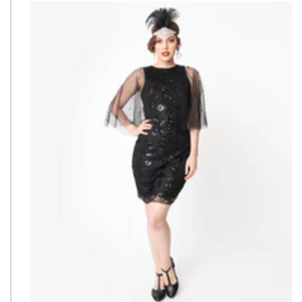 Unique Vintage Black Beaded Mesh Cape Olivette Cocktail Dress